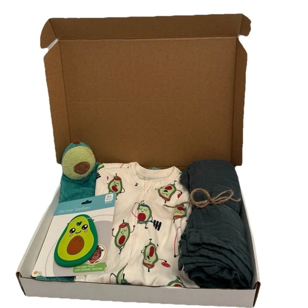 Unisex Baby Shower Newborn Avocado Theme Present, PJ's, Lovey, Blanket & Teether